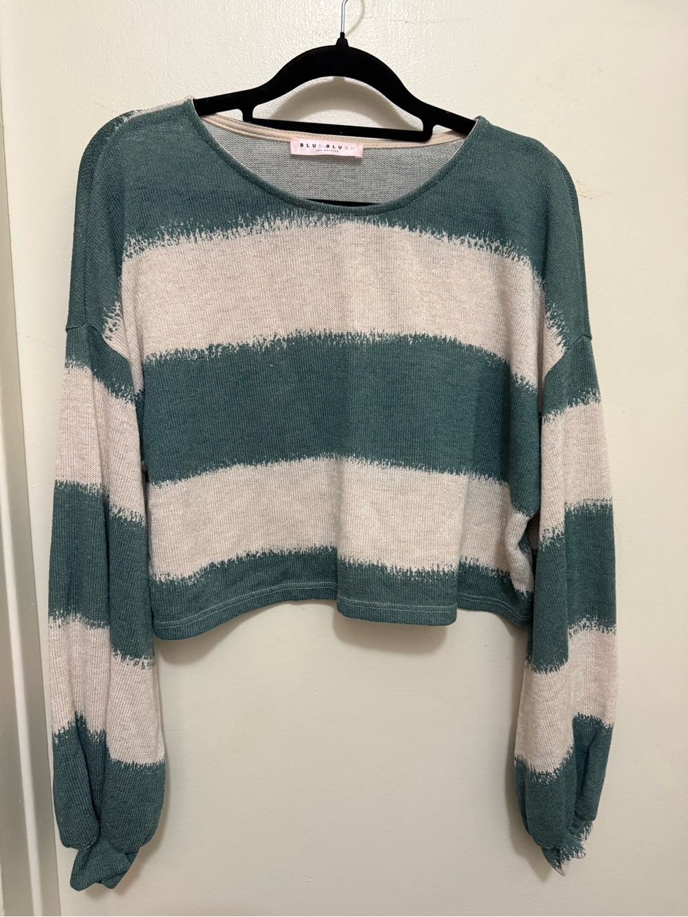 Blue  Blush Teal and Cream Striped Cropped Sweater Top